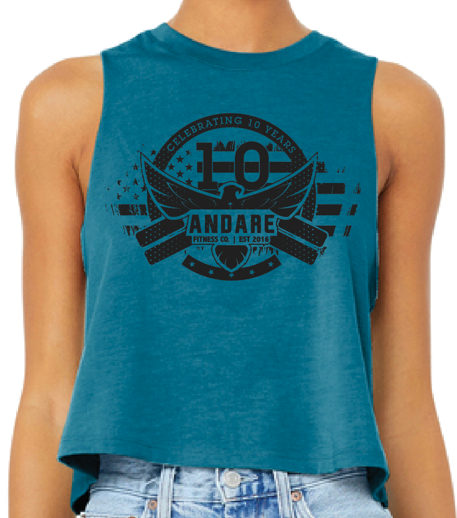 ANDARE FITNESS Women’s Racerback Cropped Tank, CELEBRATING 10 YEARS (SALE ENDS 7/8)