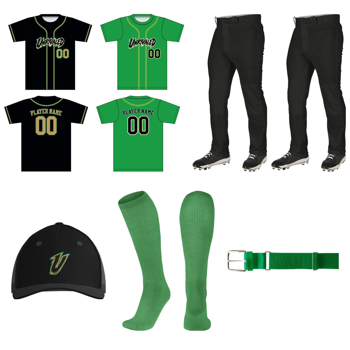 Unrivaled baseball uniform package: black and Kelly green jerseys, 2 black pants, varsity baseball cap, socks and belt